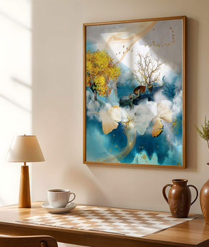 Surreal Nature Scene with Elephants and Golden Leaves