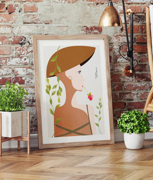 Elegant Abstract Portrait of a Woman with Floral Elements and a Large Hat - Mi tienda