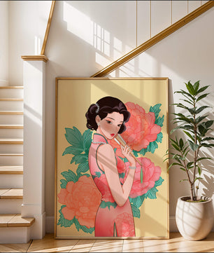 Elegant woman in traditional dress with floral background