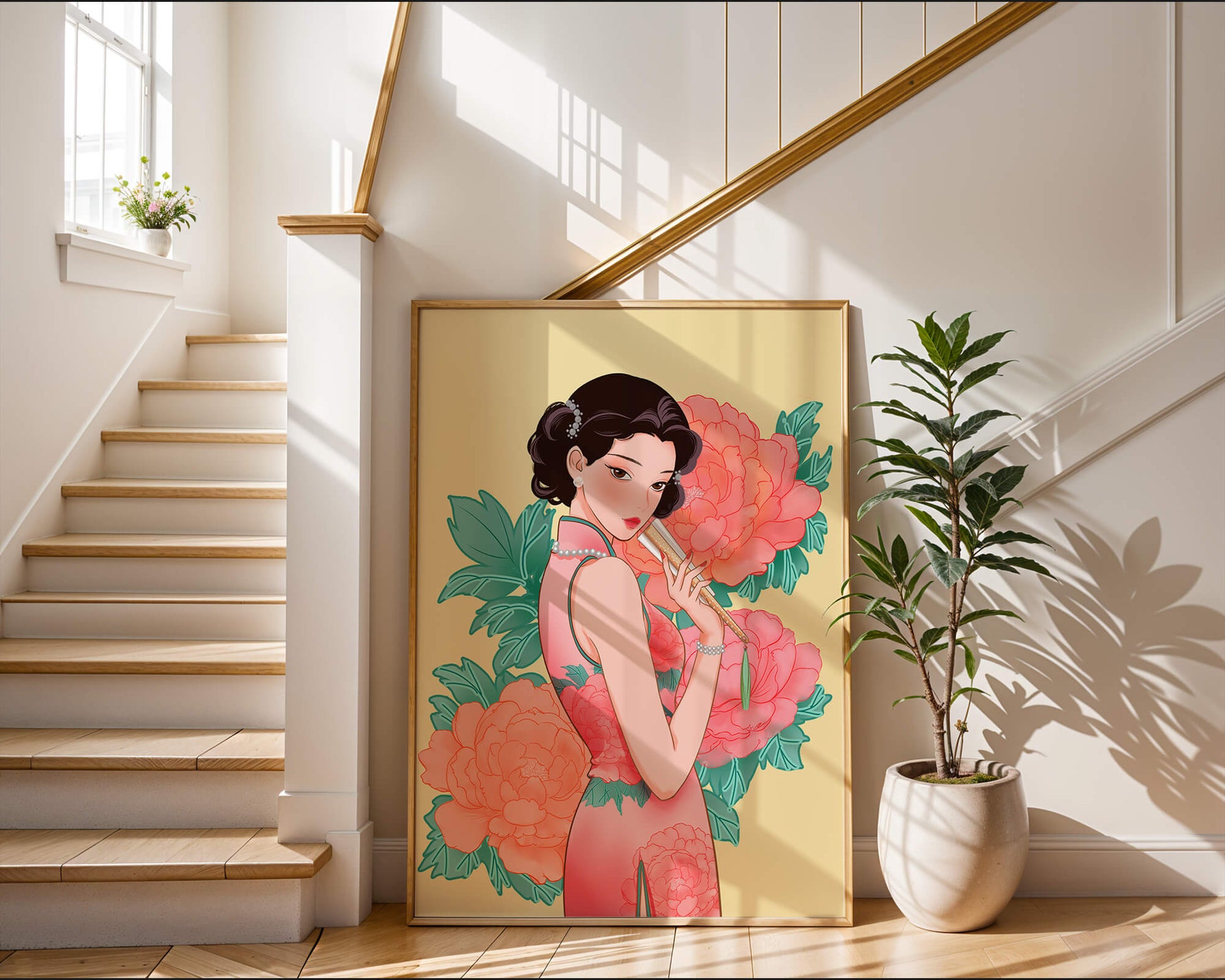 Elegant woman in traditional dress with floral background