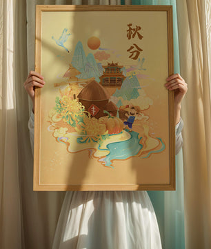 Charming autumn scene with traditional elements and nature motifs