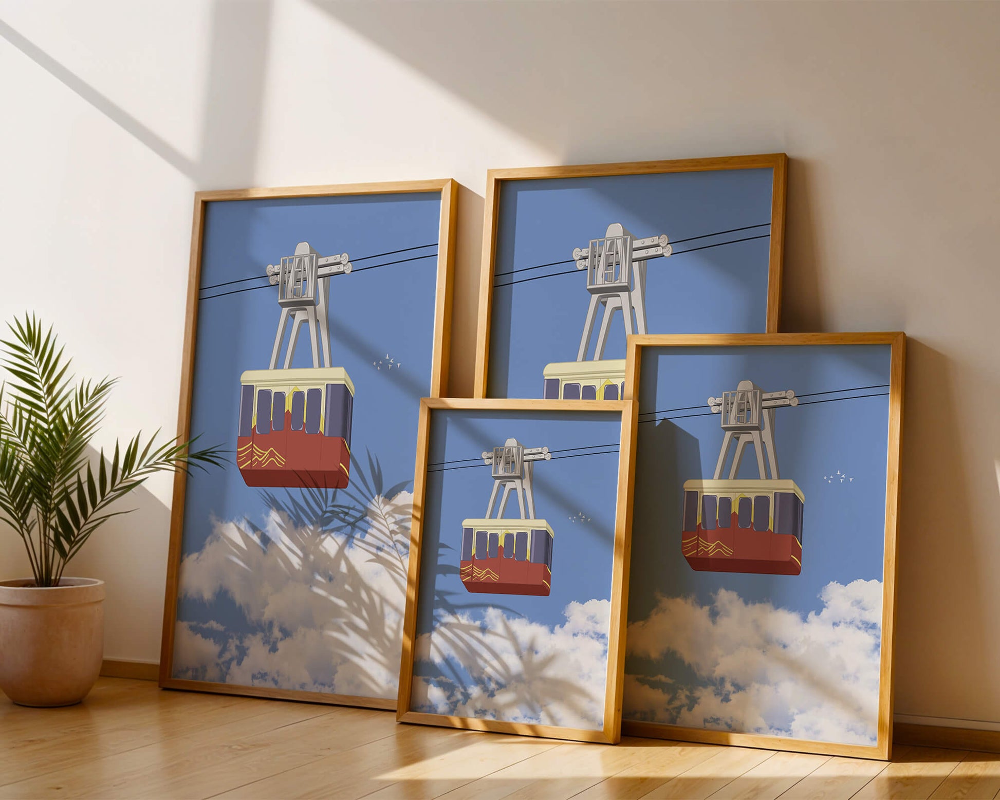 Colorful cable car against a clear blue sky