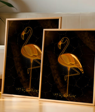 Elegant golden flamingo on abstract dark background