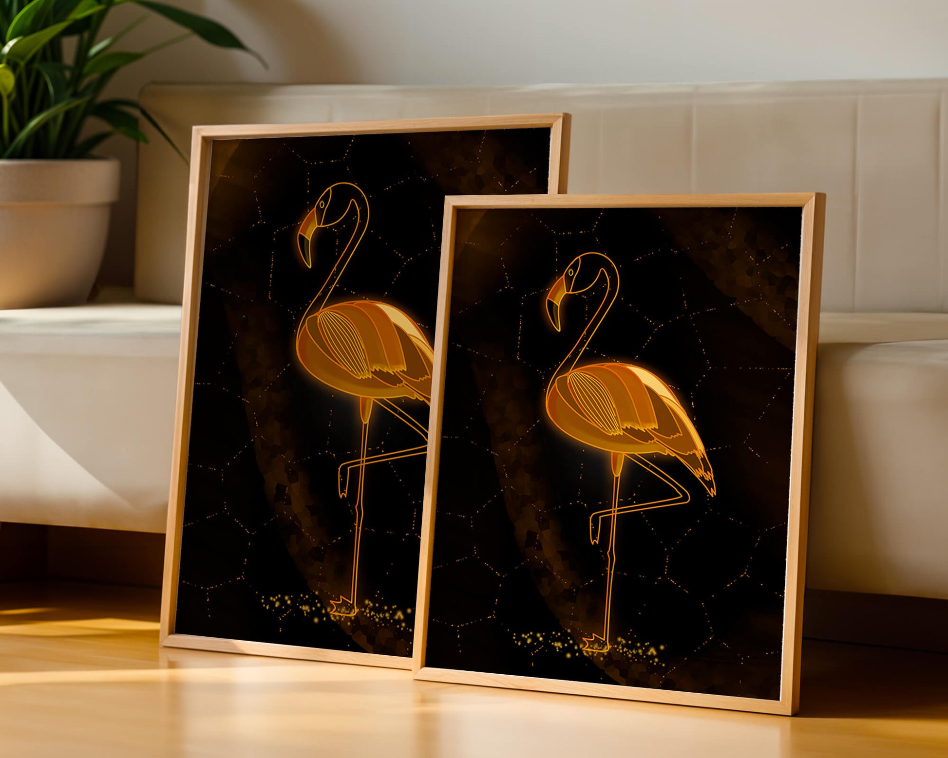 Elegant golden flamingo on abstract dark background