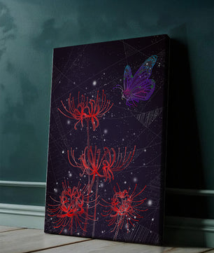 Vivid Night Sky with Red Spider Lilies and Purple Butterfly - Mi tienda