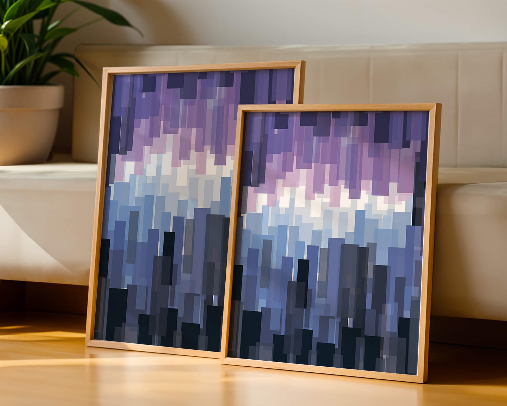 Abstrakter pixeliger Farbverlauf mit Blau- und Lilatönen