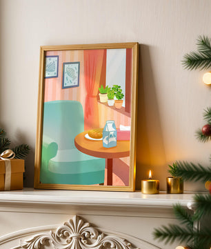Sala de estar acogedora con mesa y cartón de leche