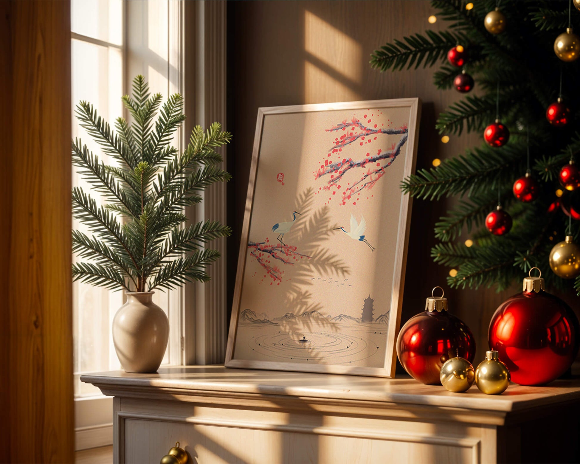 Elegant Asian landscape with cranes and cherry blossom branches
