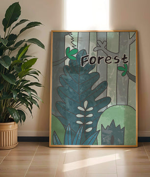 Illustrated forest scene with foliage and text