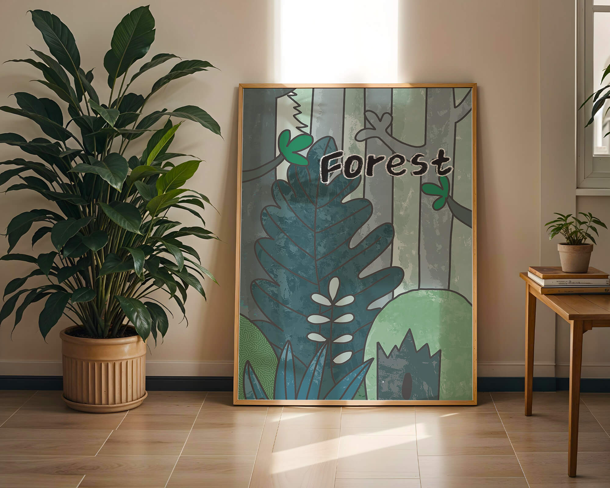 Illustrated forest scene with foliage and text