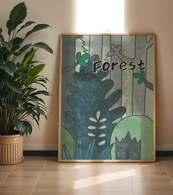 Illustrated forest scene with foliage and text