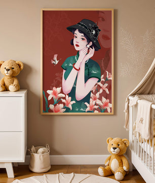 Elegant woman in vintage attire with floral hat and lilies