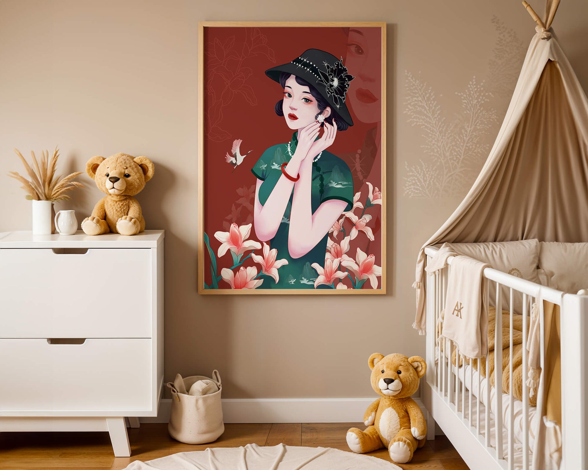 Elegant woman in vintage attire with floral hat and lilies