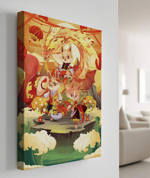 Fantastical scene with anthropomorphic animals and a dragon in a vibrant setting