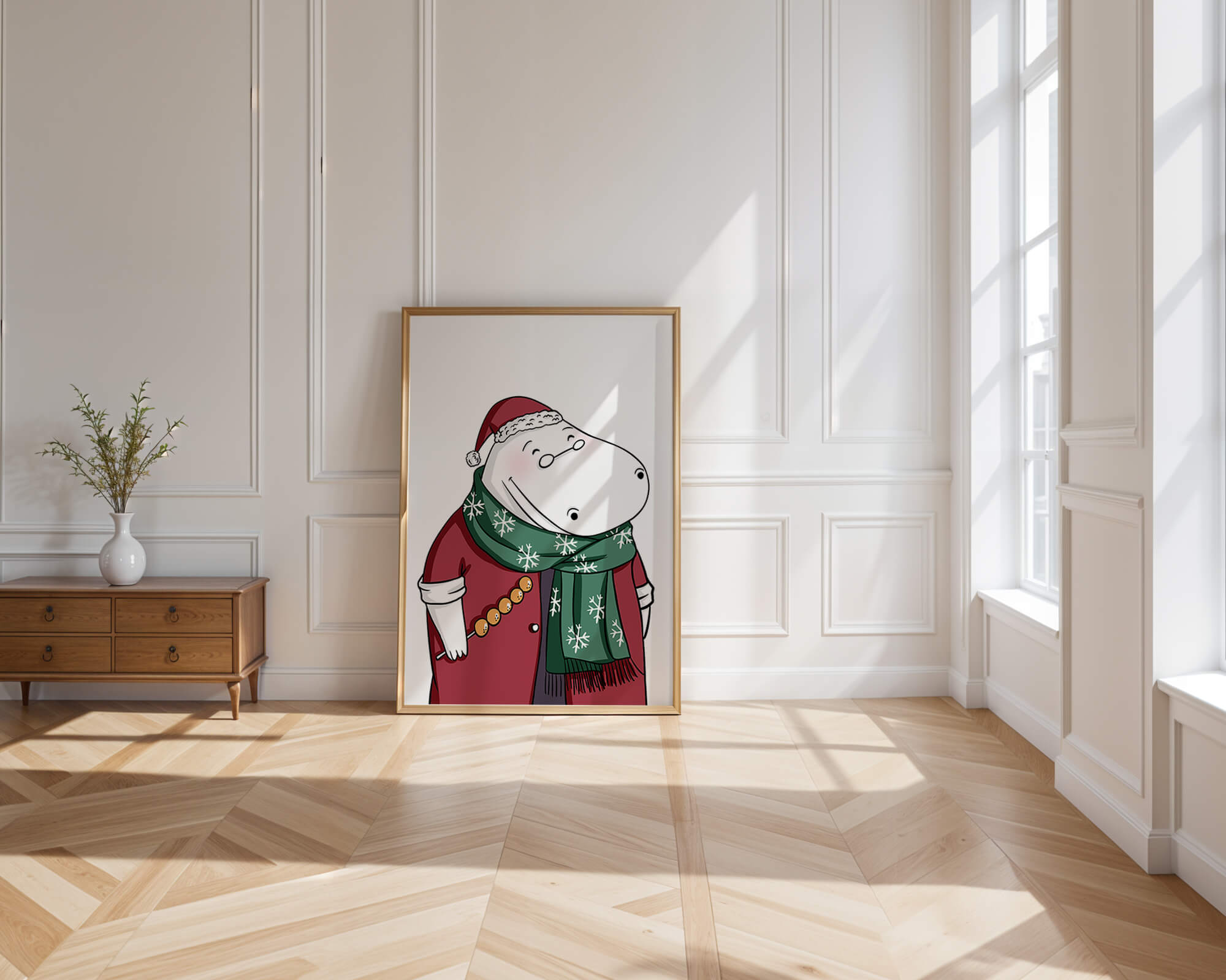 Festive hippo in a red outfit with a green snowflake scarf