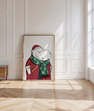 Festive hippo in a red outfit with a green snowflake scarf