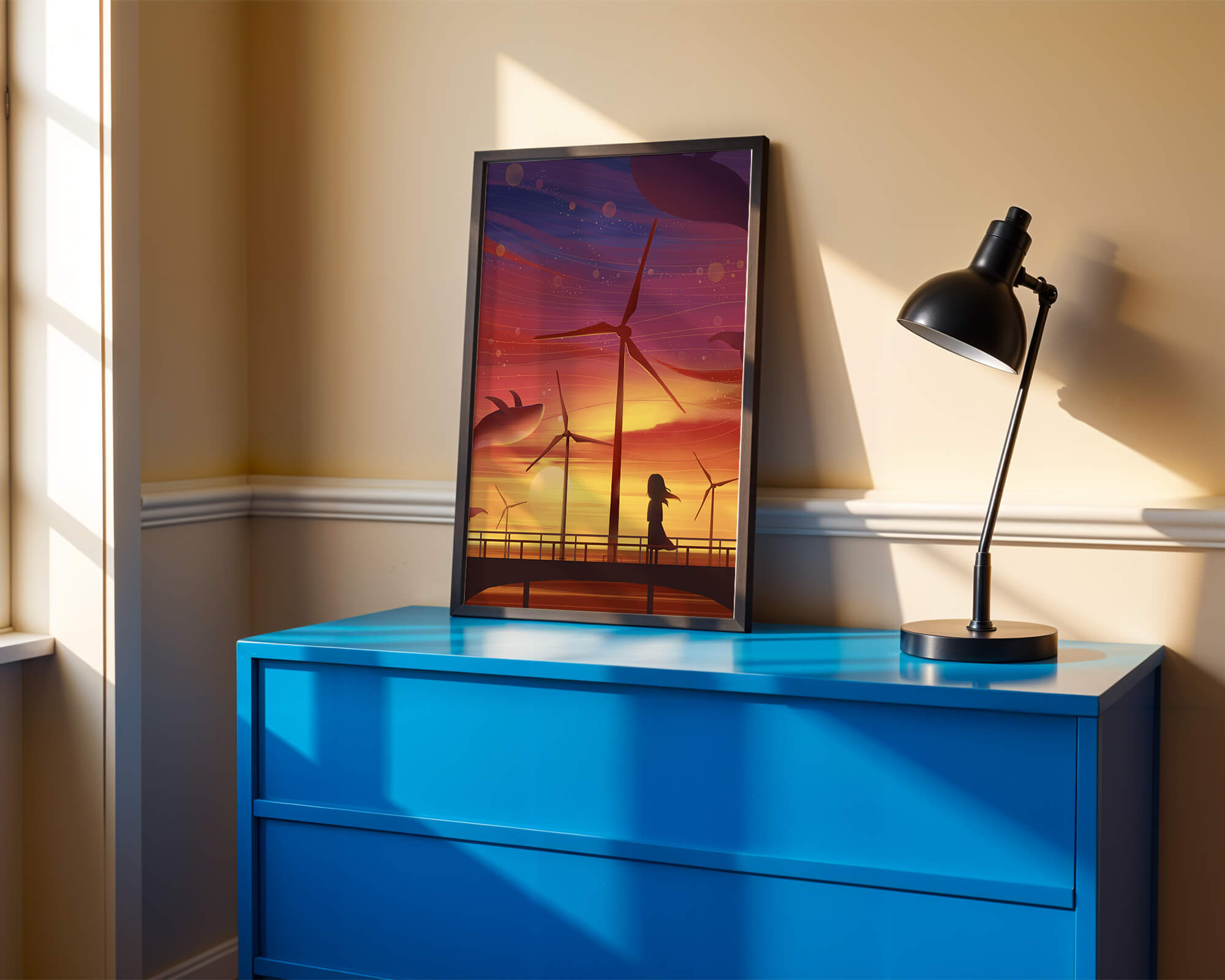 Enchanting sunset scene with wind turbines and silhouette of a girl