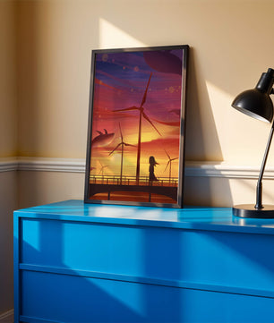 Enchanting sunset scene with wind turbines and silhouette of a girl