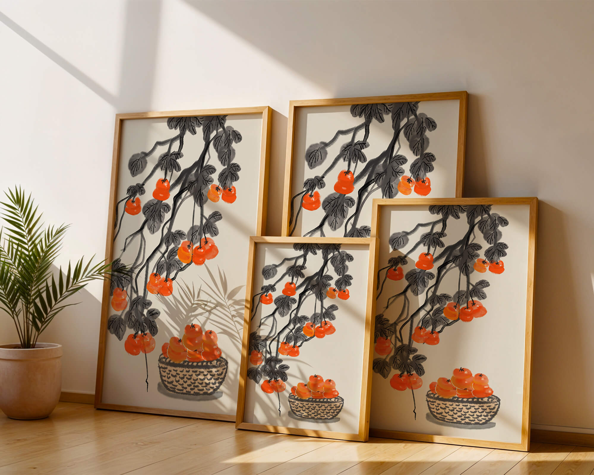 Artistic depiction of hanging persimmons with basket on watercolor canvas