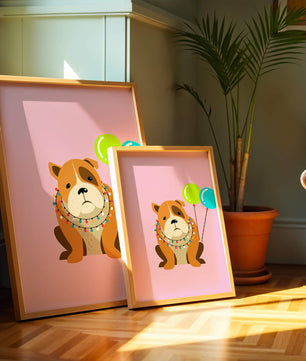 Perro de dibujos animados adorable con luces festivas y globos coloridos sobre fondo rosa