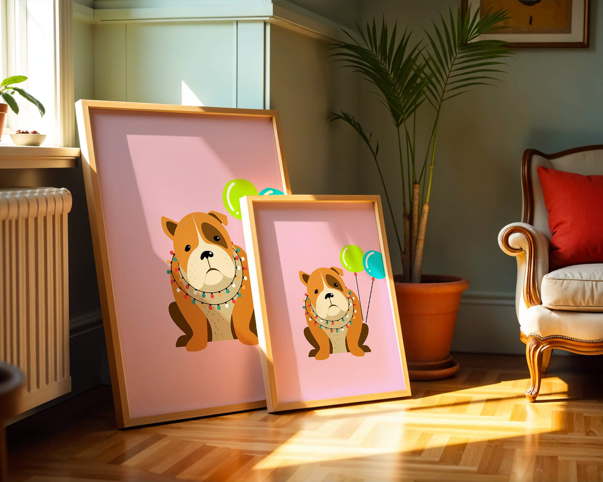 Perro de dibujos animados adorable con luces festivas y globos coloridos sobre fondo rosa