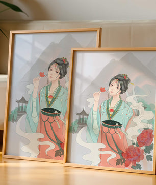 Elegant Asian woman with flowers and mountain background