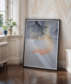 Elegantes abstraktes Design mit fließenden goldenen und orangefarbenen Linien auf blauem Hintergrund