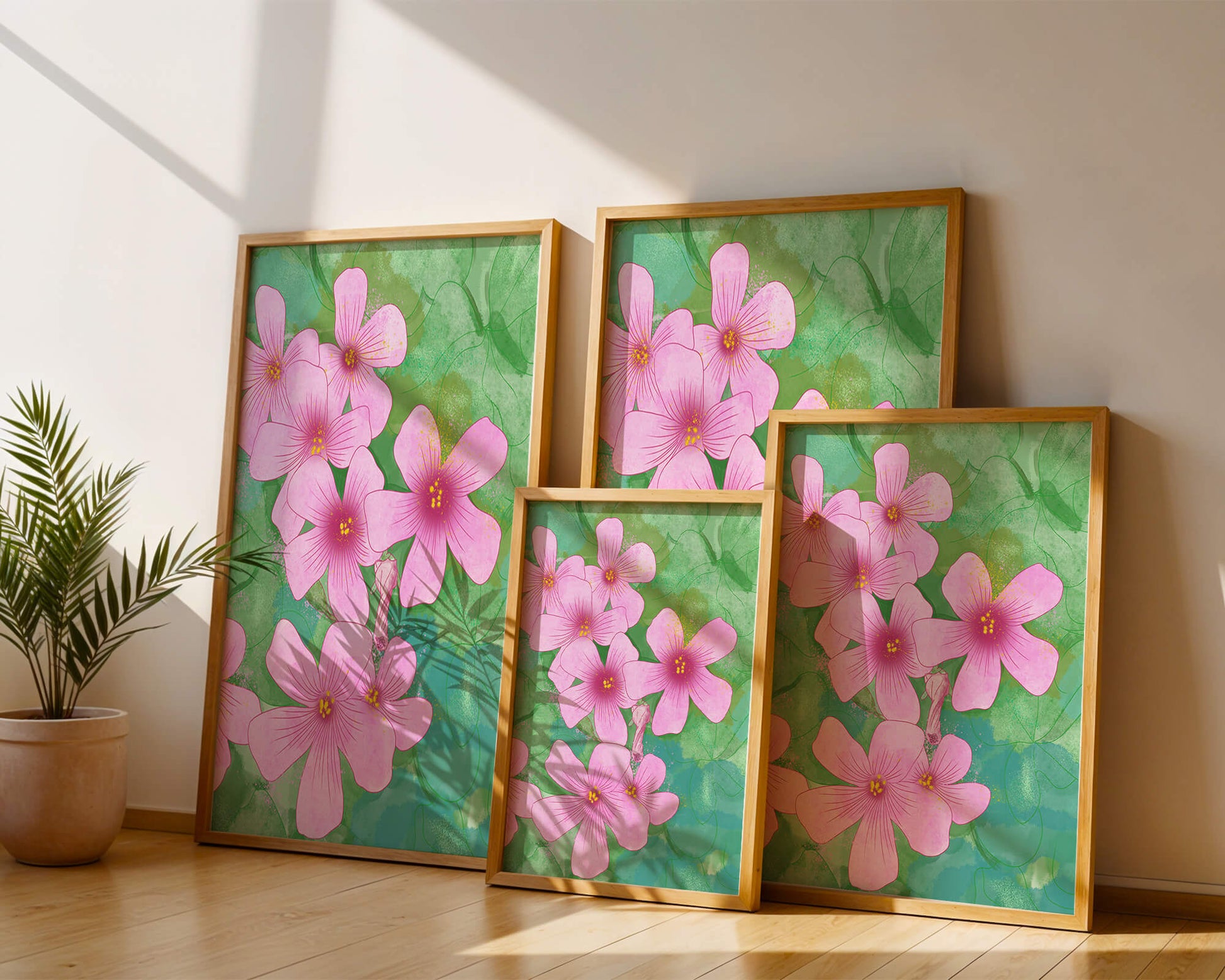Zarte rosa Blüten auf einem leuchtend grünen Hintergrund Illustration