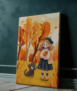 Girl with Cute Cat in Autumn Forest with Colorful Leaves