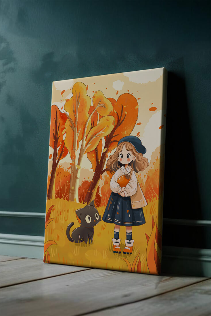 Girl with Cute Cat in Autumn Forest with Colorful Leaves