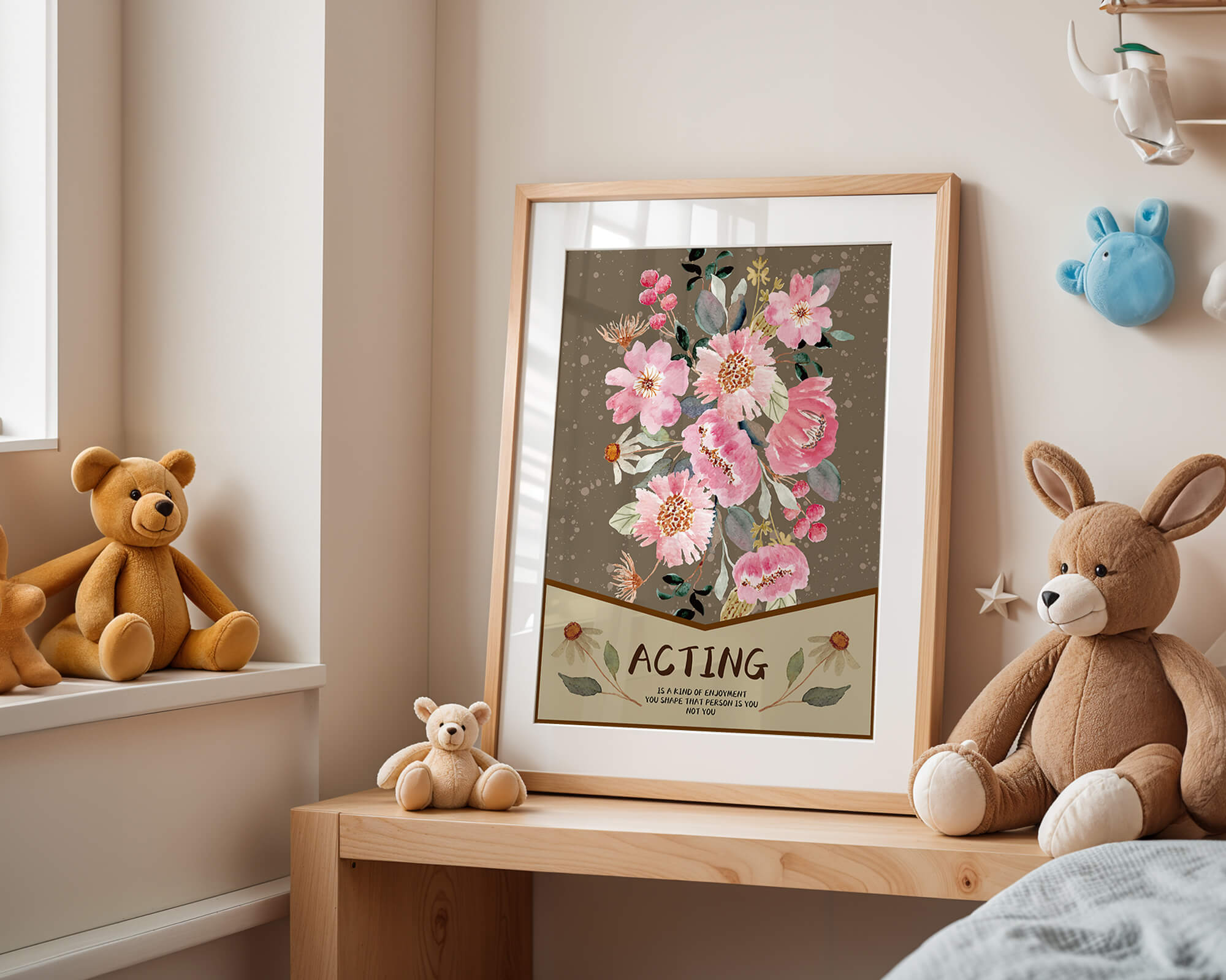 Floral watercolor illustration with motivational text on a brown dotted background