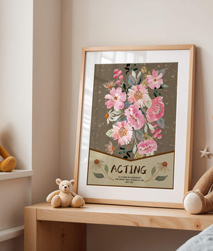 Ilustración acuarela floral con texto motivacional sobre un fondo marrón punteado
