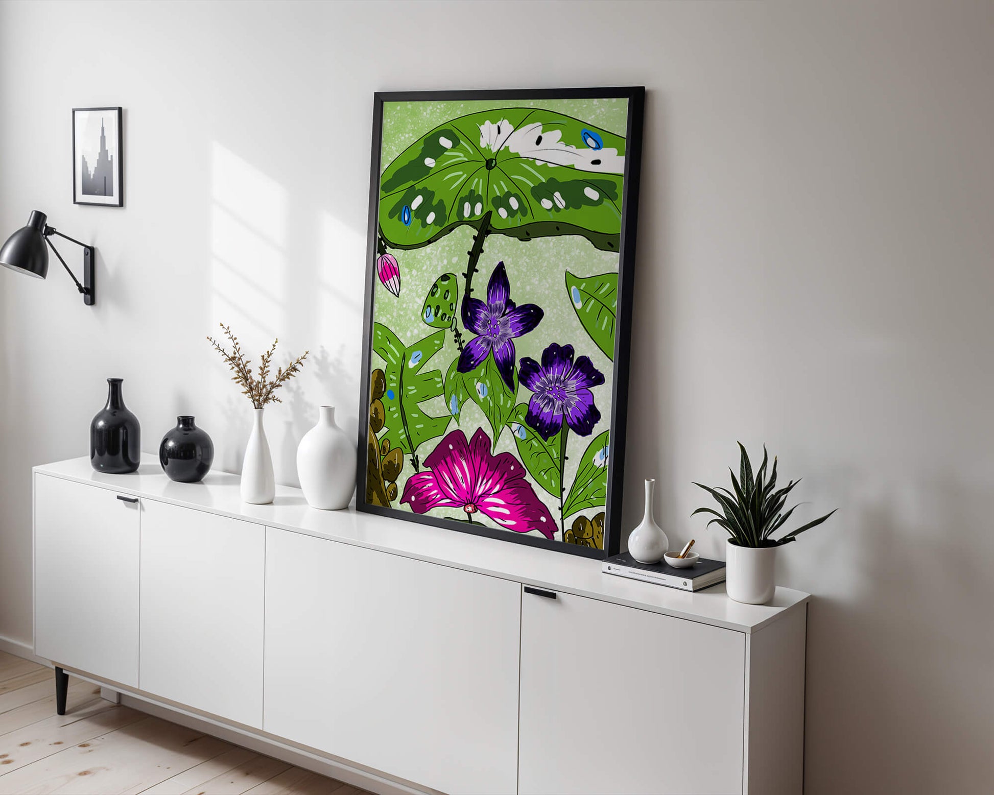 Bunte Blumenillustration mit exotischen Blumen und Blättern