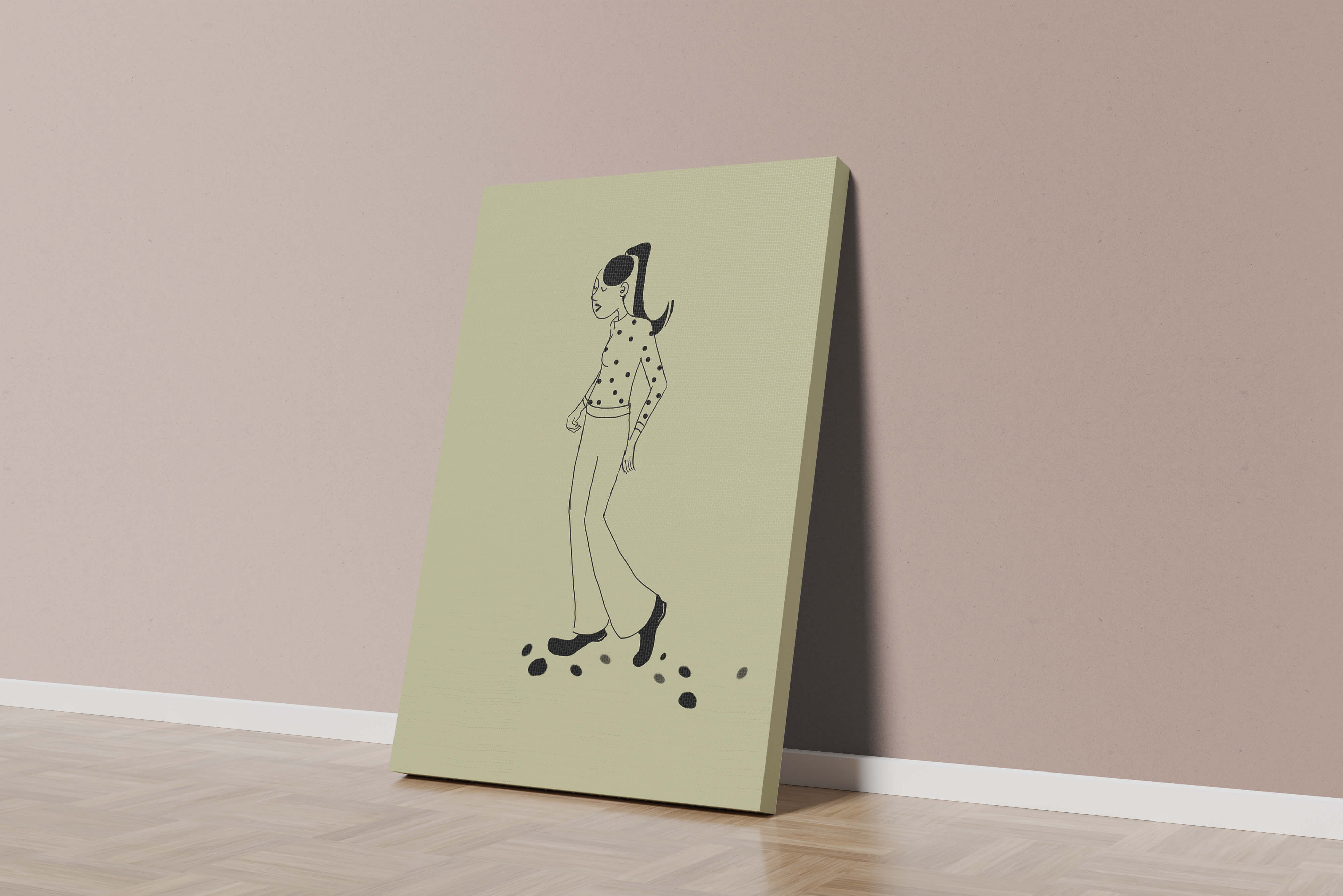Illustration of a person walking in a polka dot shirt with ponytail