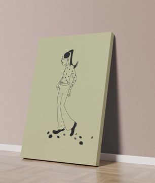 Illustration d'une personne marchant en chemise à pois avec une queue de cheval