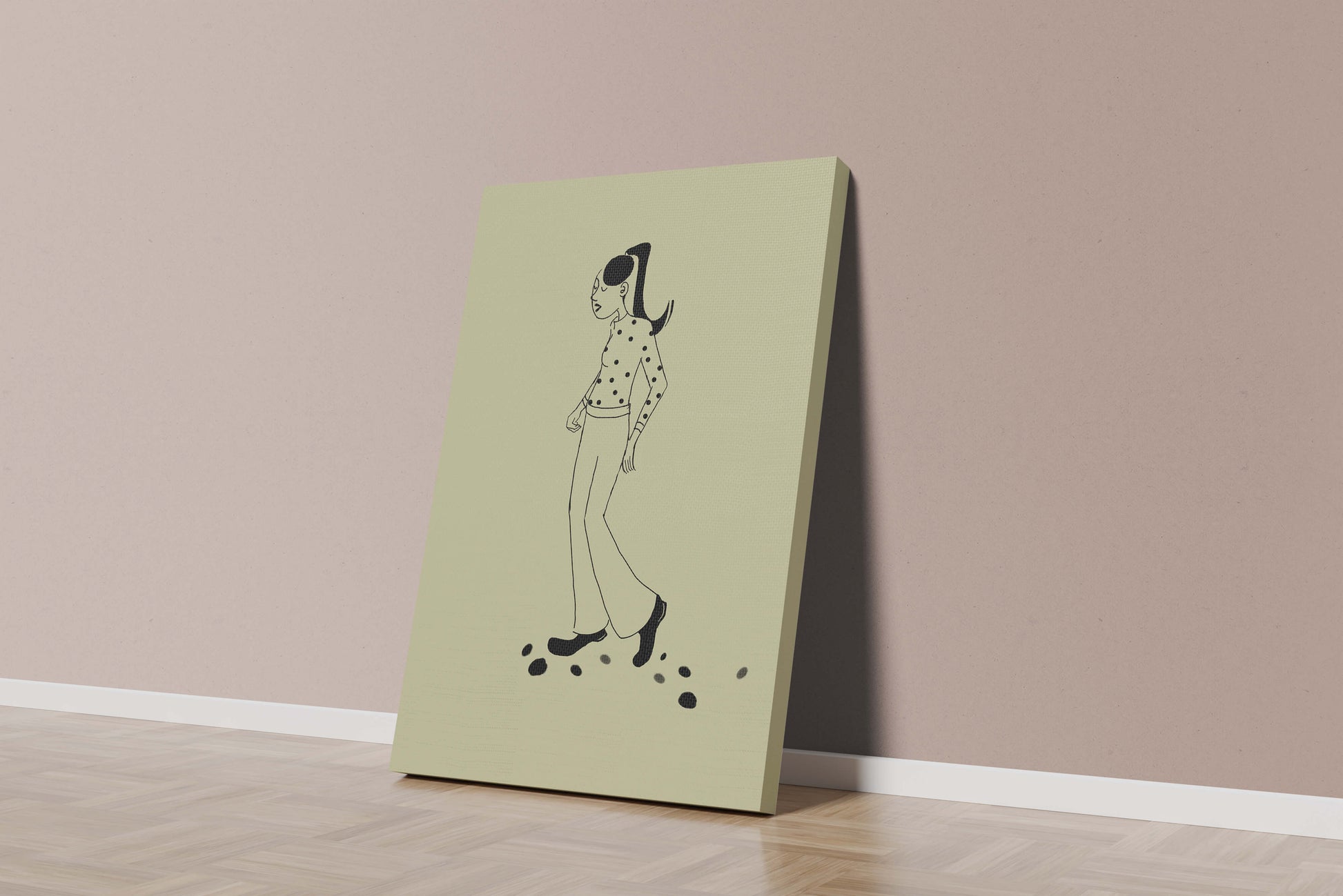 Illustration of a person walking in a polka dot shirt with ponytail