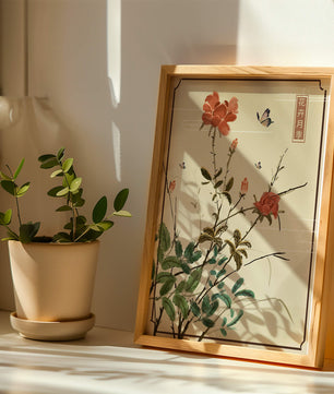 Delicate Floral Art with Red Flowers and Butterflies