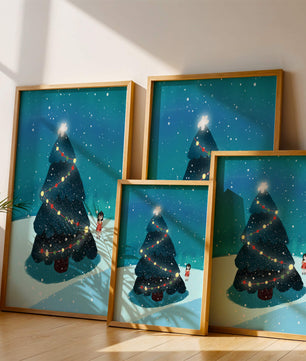 Winter scene with decorated Christmas tree and snowfall