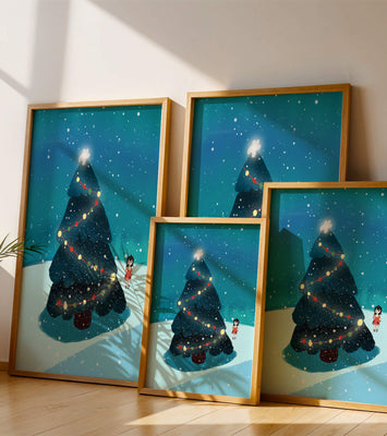 Winter scene with decorated Christmas tree and snowfall