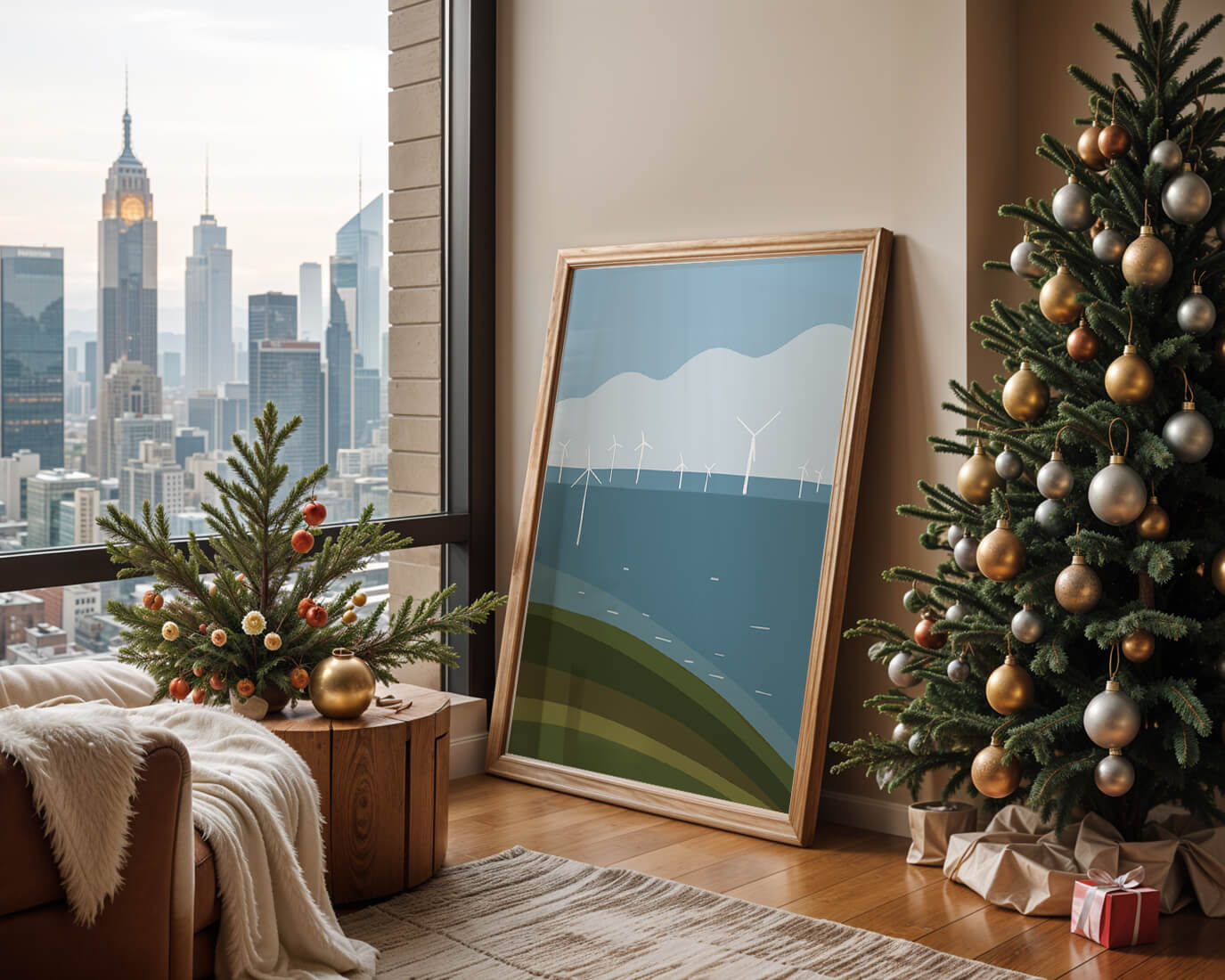 Wind Turbines on Rolling Hills Against a Clear Blue Sky