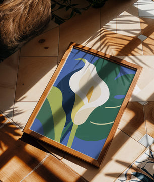Ilustración floral abstracta con fondo verde y azul