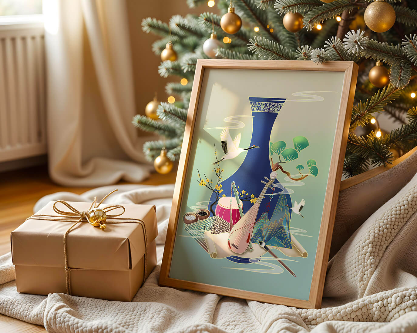 Traditional Asian art scene featuring vase, musical instruments, and cranes