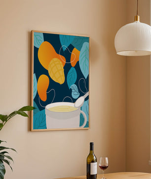 Ilustración colorida de mangos y hojas con una bebida cremosa