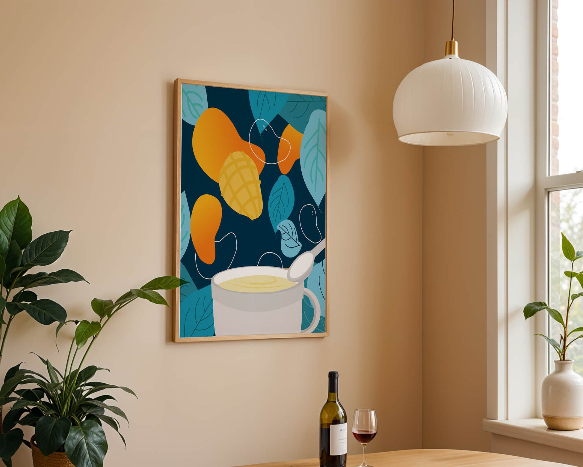 Ilustración colorida de mangos y hojas con una bebida cremosa