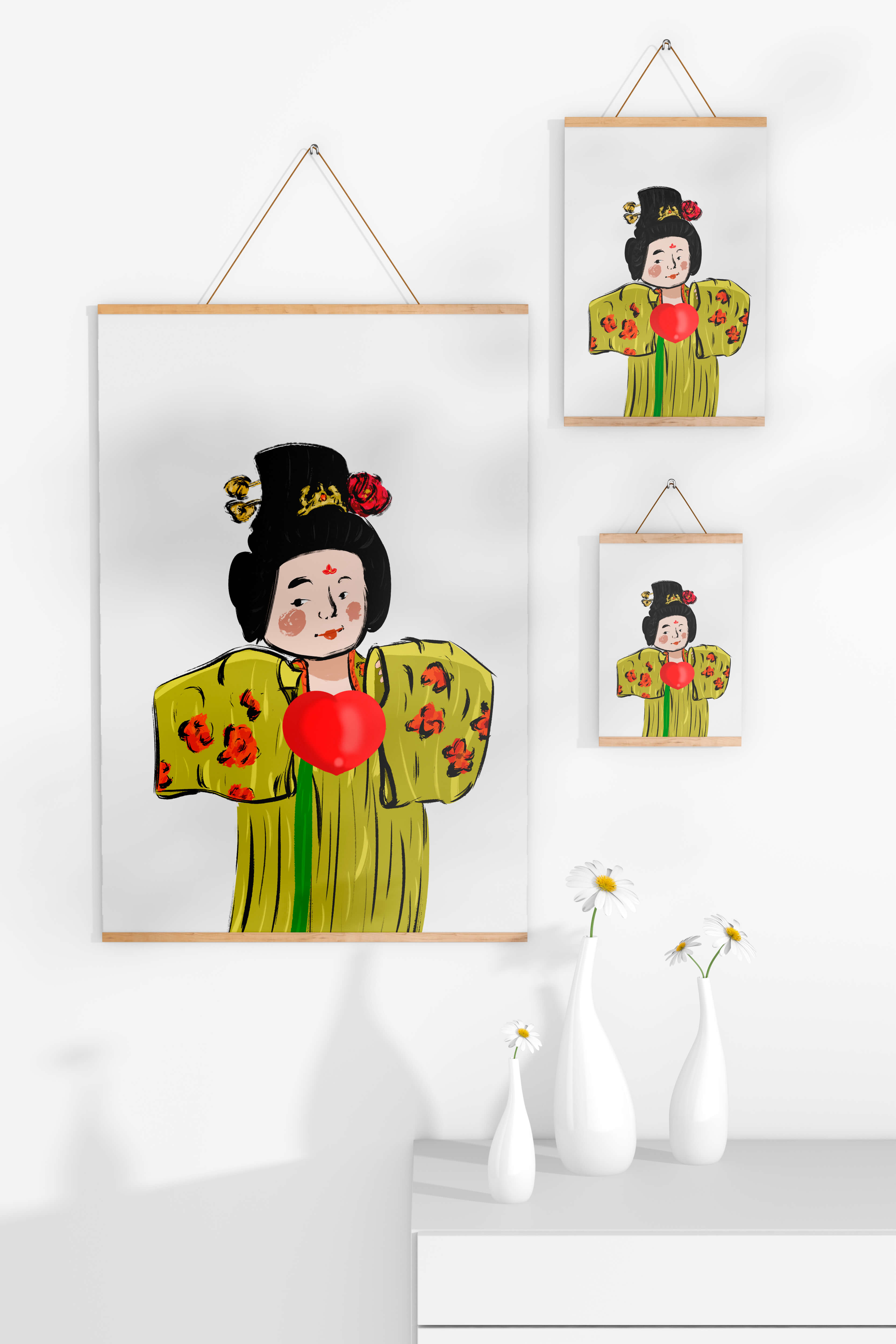 Illustration of a traditional figure in vibrant attire with a heart symbol