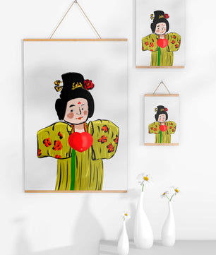 Ilustración de una figura tradicional con atuendo vibrante y un símbolo de corazón