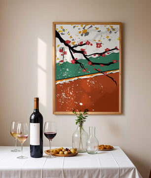 Artistic depiction of blossom branches with gold elements and abstract background