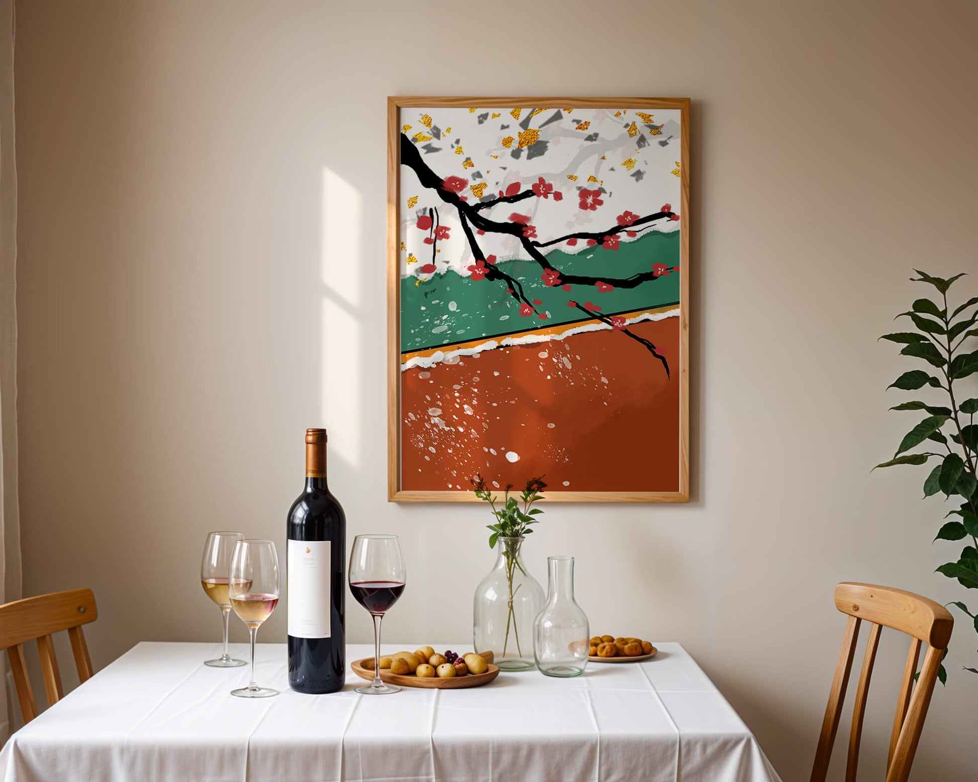 Artistic depiction of blossom branches with gold elements and abstract background