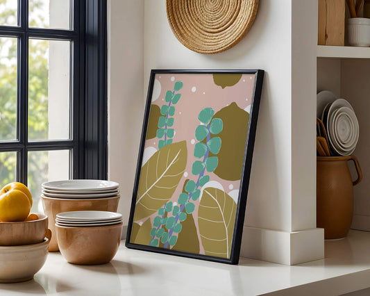 Abstract botanical design with green and golden leaves