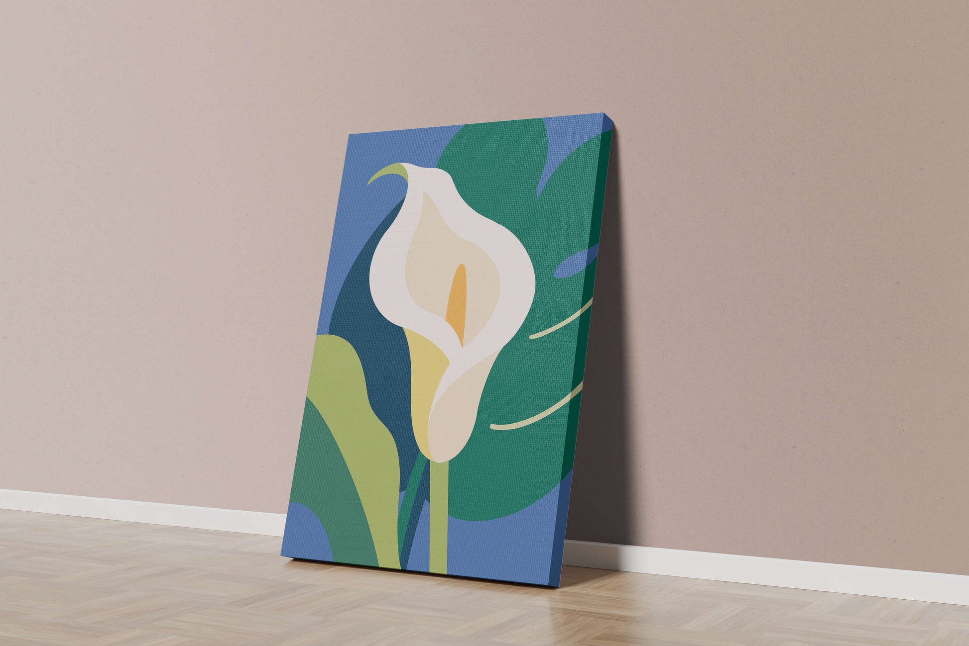 Ilustración floral abstracta con fondo verde y azul